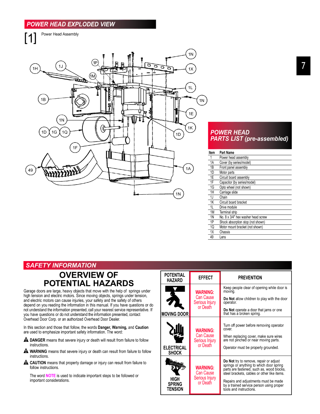 Chamberlain 3453135556 manual Power Head Exploded View, Safety Information 