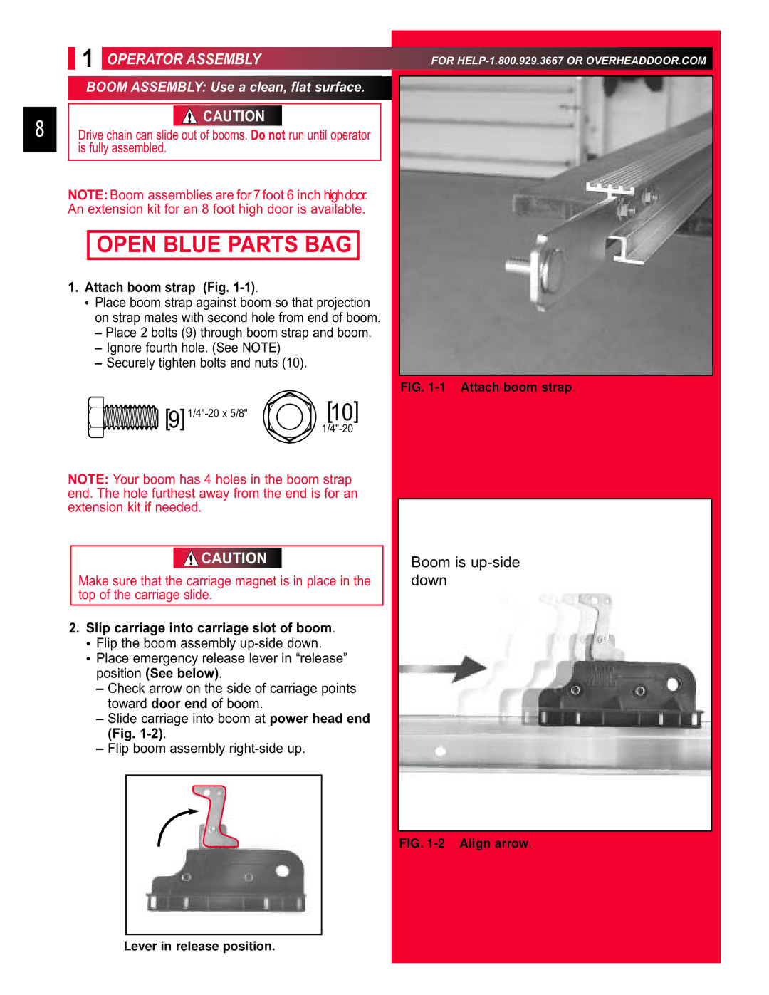 Chamberlain 3453135556 manual Open Blue Parts BAG, Operator Assembly, Attach boom strap Fig 