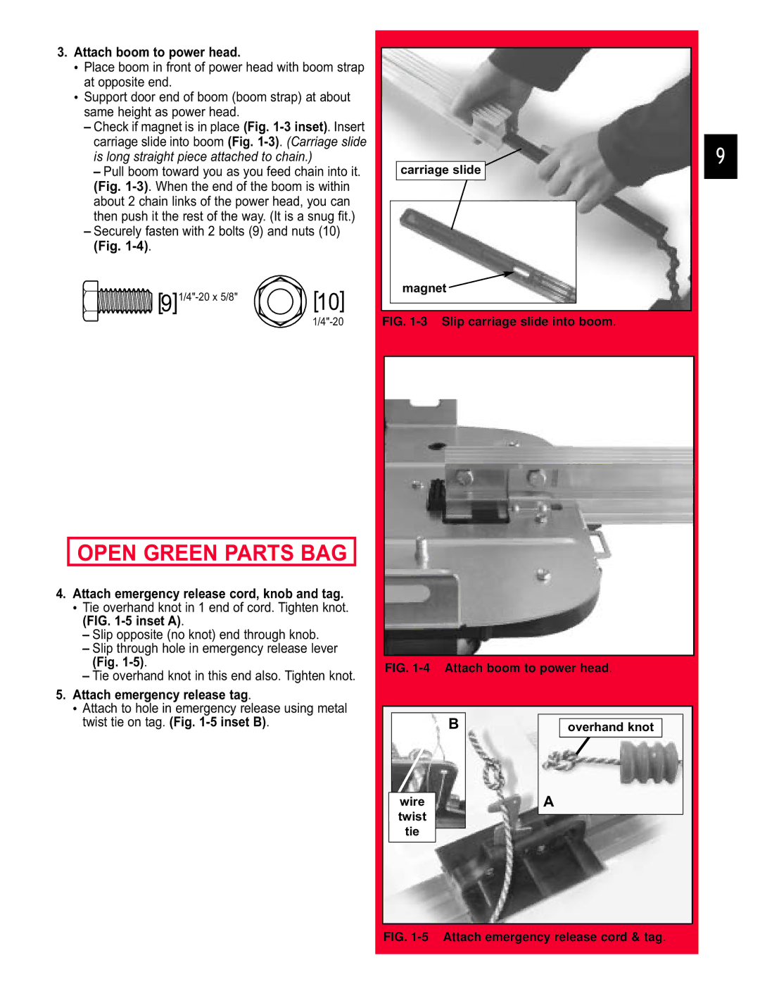 Chamberlain 3453135556 manual Open Green Parts BAG, Attach boom to power head, Slip opposite no knot end through knob 