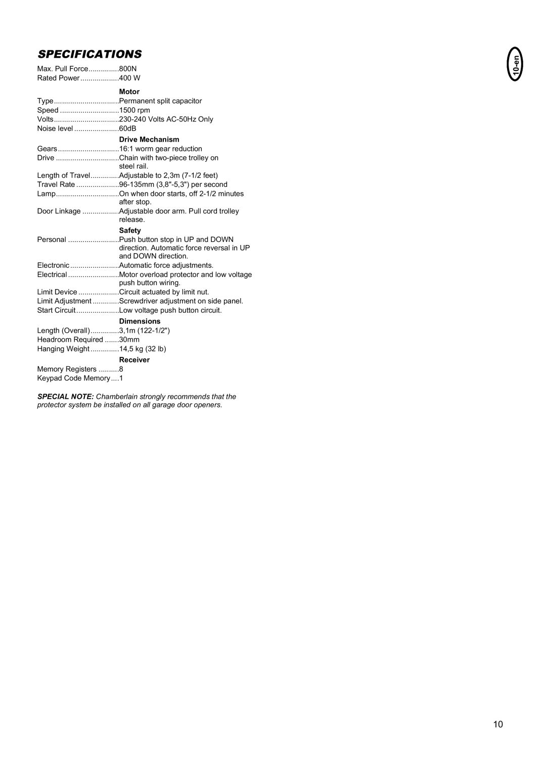 Chamberlain 5580A-2GB manual Specifications 