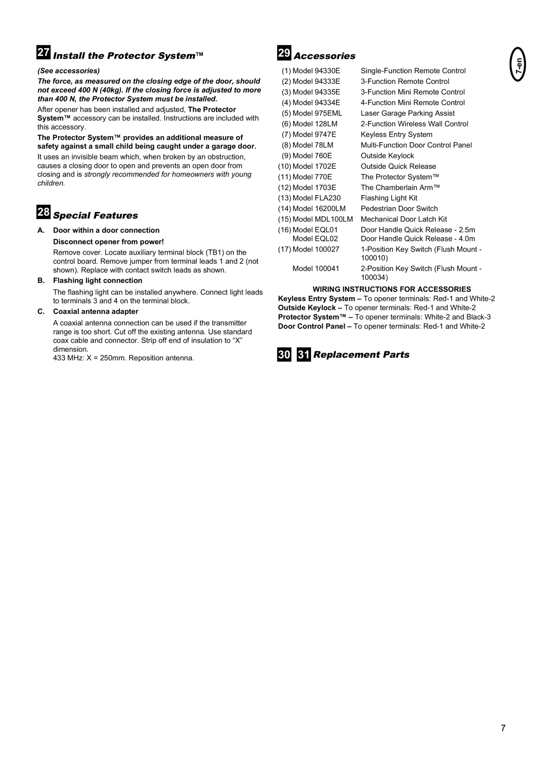 Chamberlain 5580A-2GB manual Install the Protector System, Special Features, Accessories, 30 31 Replacement Parts 