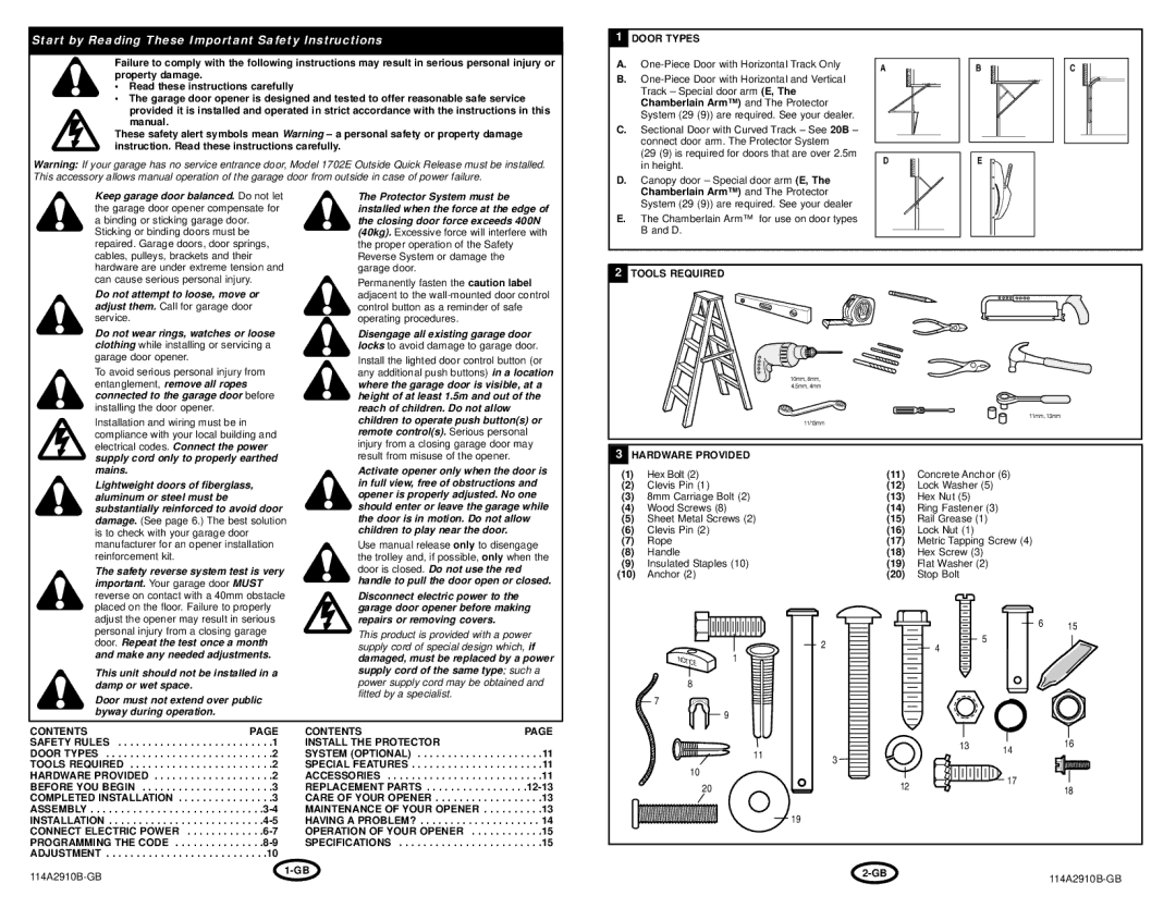 Chamberlain 600A Door Types, Tools Required, Hardware Provided, Contents, Completed Installation, Operation of Your Opener 