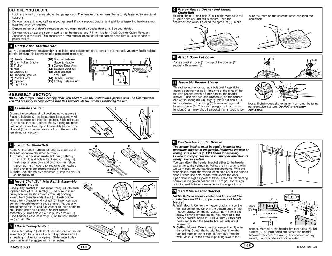 Chamberlain 800A, 600A manual Assembly Section 