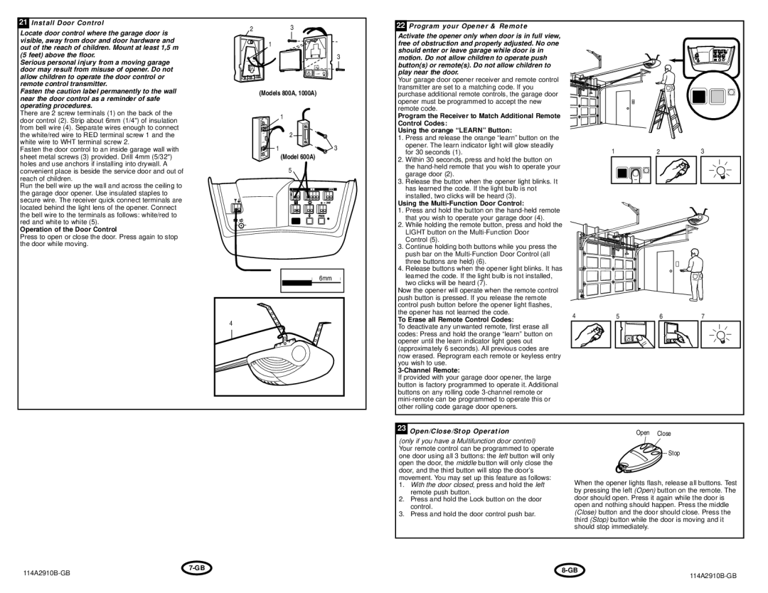 Chamberlain 800A manual Operation of the Door Control, Model 600A, Using the Multi-Function Door Control, Channel Remote 