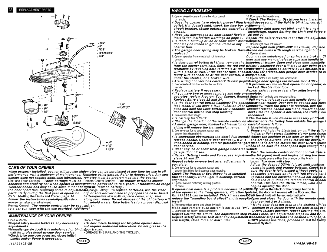 Chamberlain 600A, 800A manual Care of Your Opener, Maintenance of Your Opener 