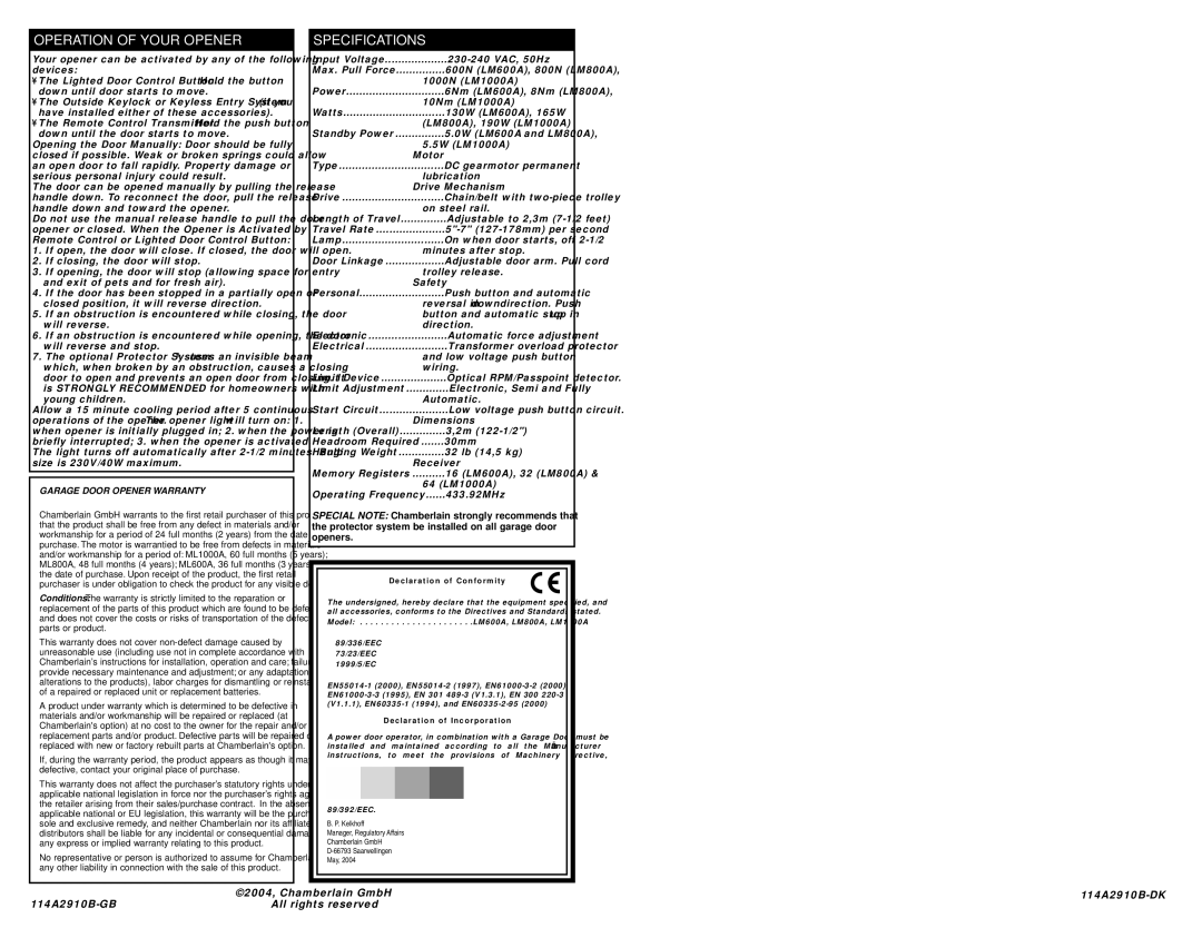 Chamberlain 800A, 600A manual Motor, Drive Mechanism, Safety, Dimensions, Receiver 