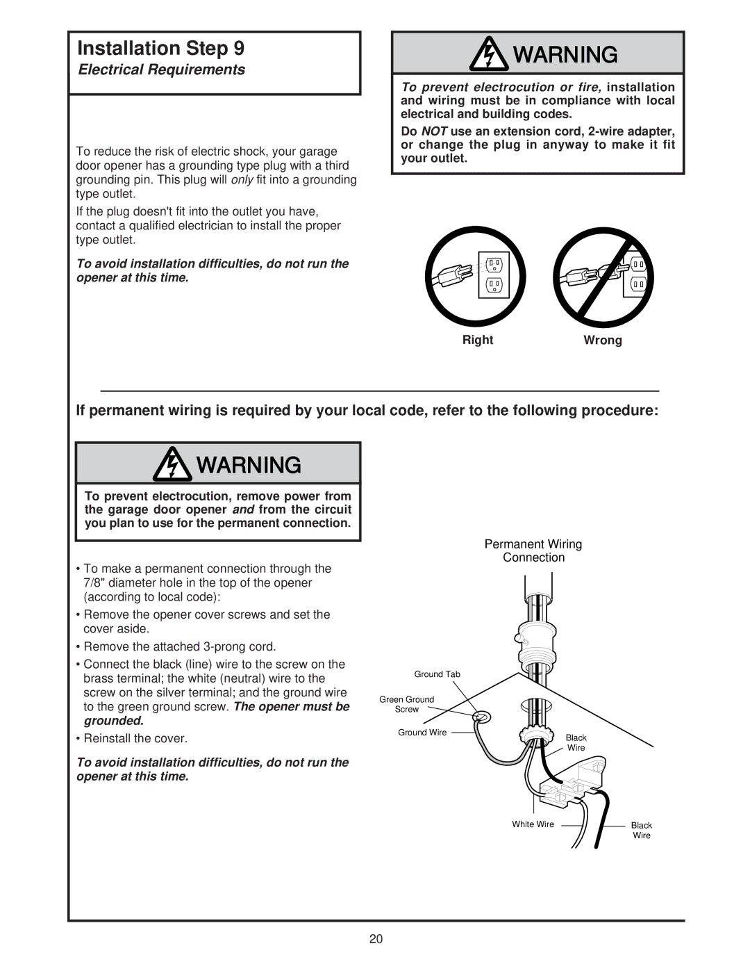 Chamberlain 8200 1/2 HP owner manual Electrical Requirements, Permanent Wiring Connection 