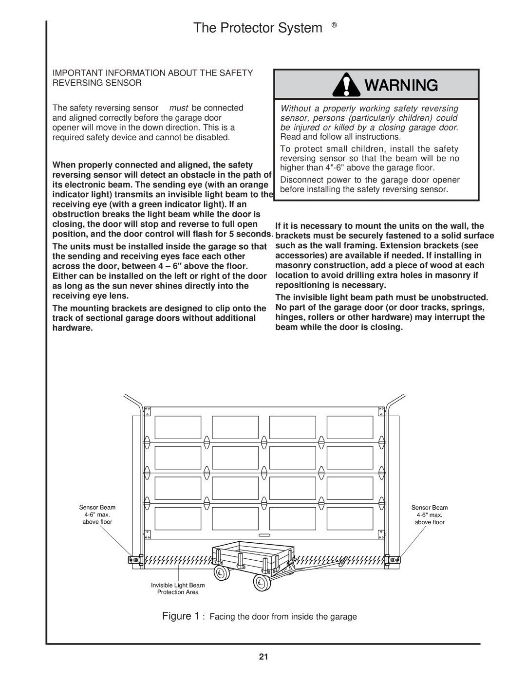 Chamberlain 8200 1/2 HP owner manual Protector System, Facing the door from inside the garage 