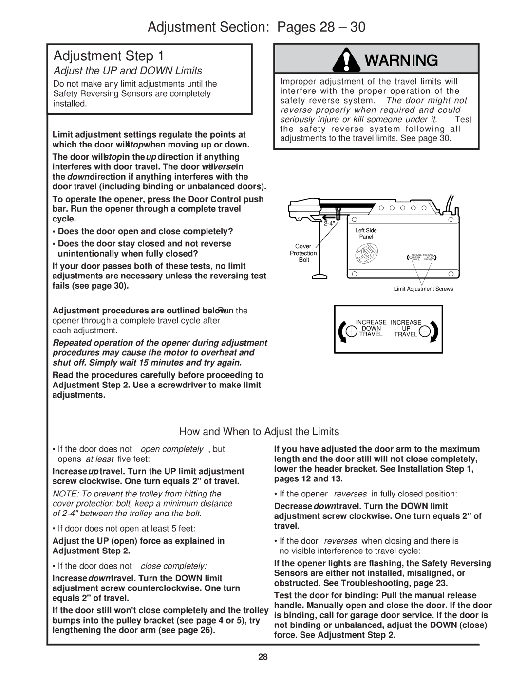 Chamberlain 8200 1/2 HP owner manual Adjustment Section Pages 28 Adjustment Step, Adjust the UP and Down Limits 