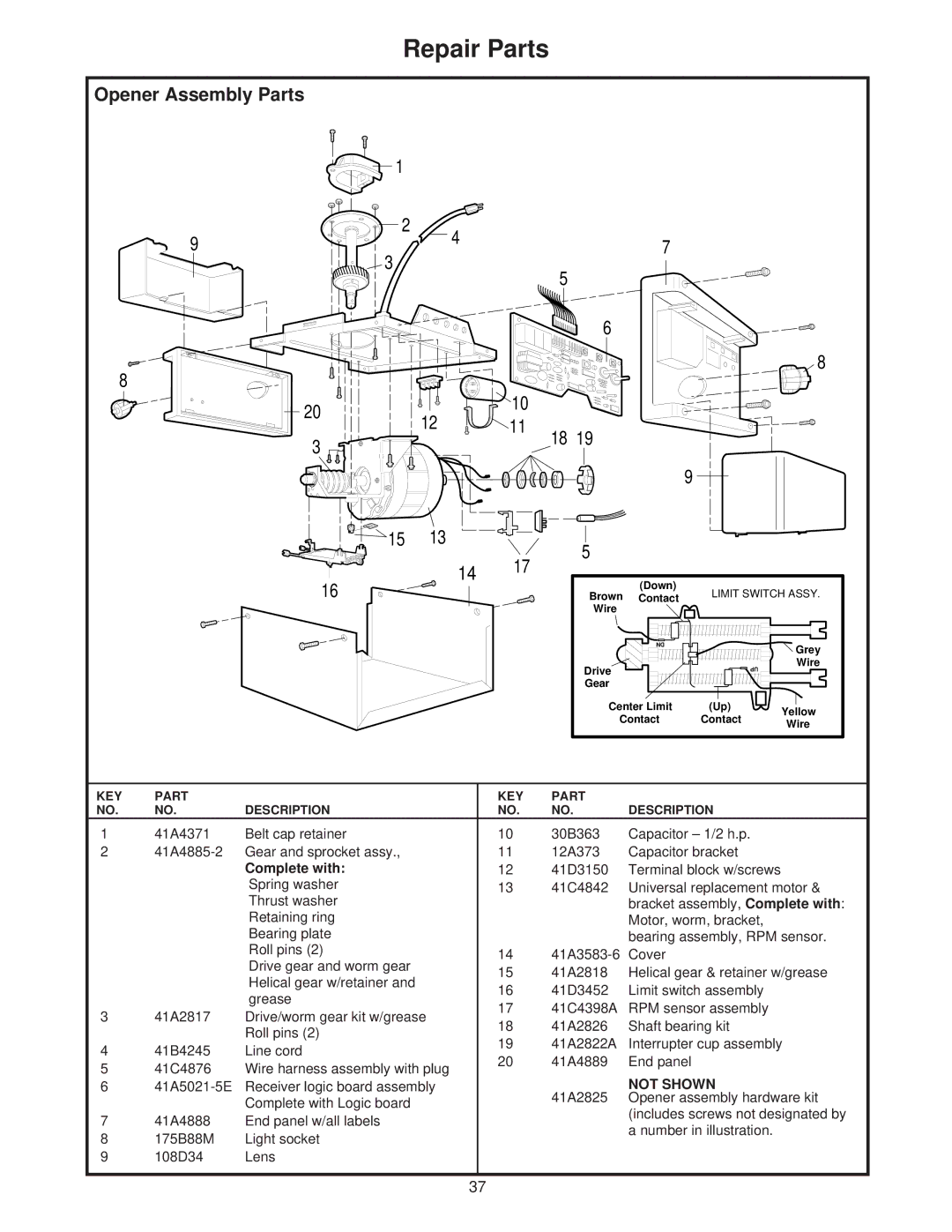 Chamberlain 8200 1/2 HP owner manual Opener Assembly Parts, Complete with 