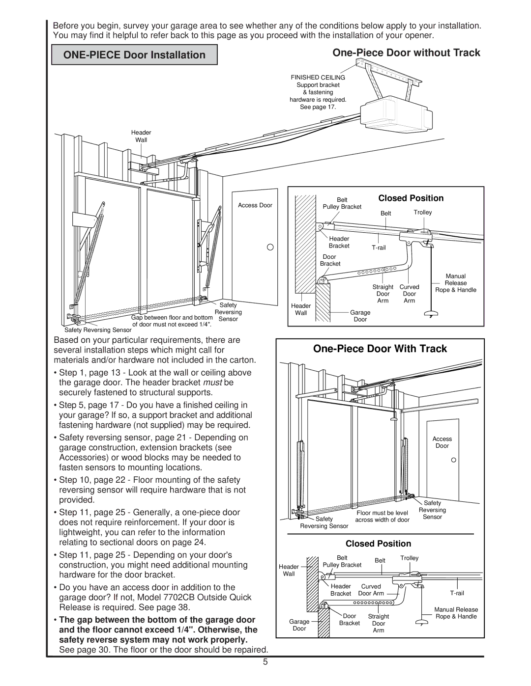 Chamberlain 8200 1/2 HP owner manual ONE-PIECE Door Installation, One-Piece Door without Track, One-Piece Door With Track 