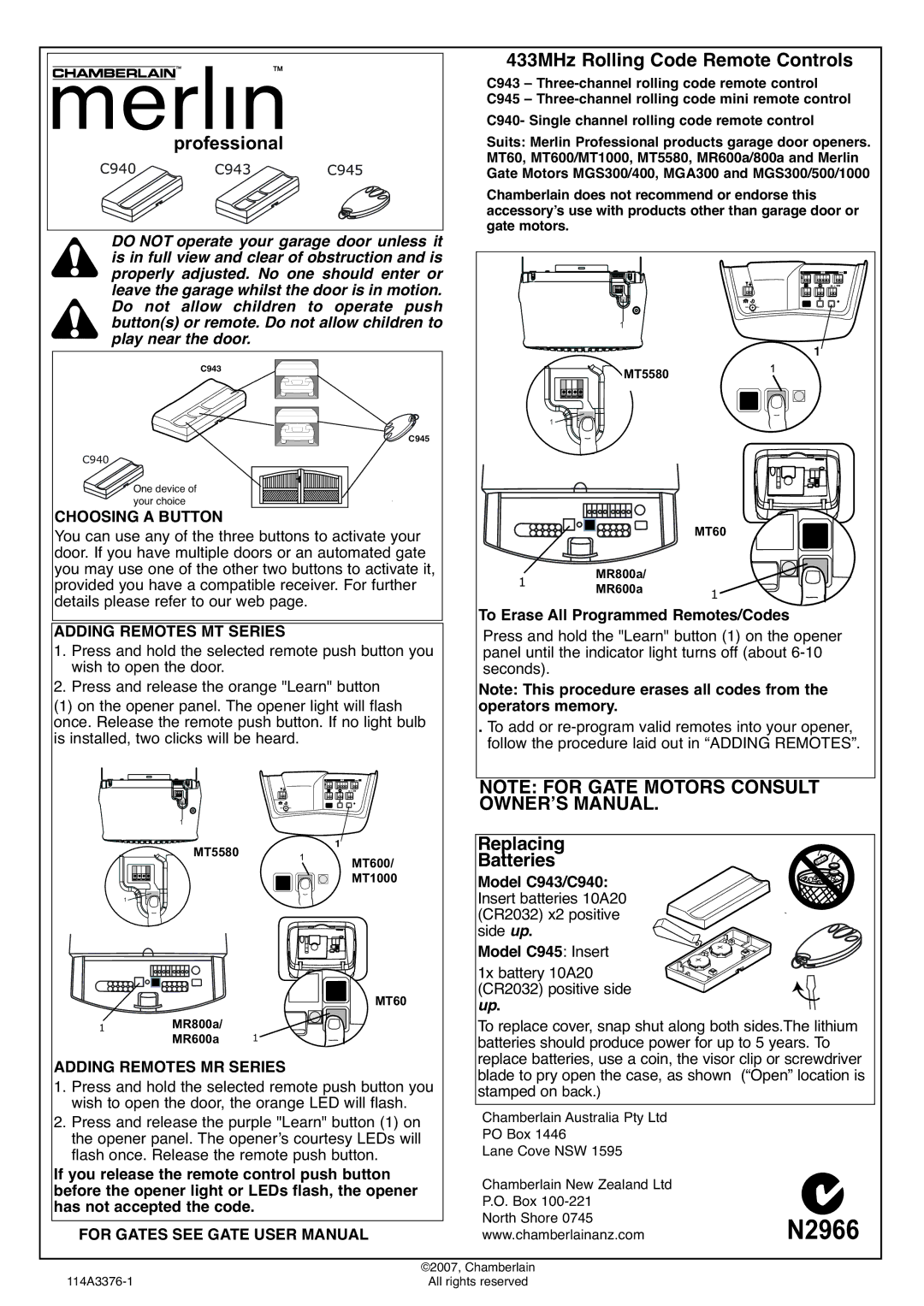 Chamberlain C943, C940 user manual 433MHz Rolling Code Remote Controls, Professional, OWNERʼS Manual, Replacing Batteries 