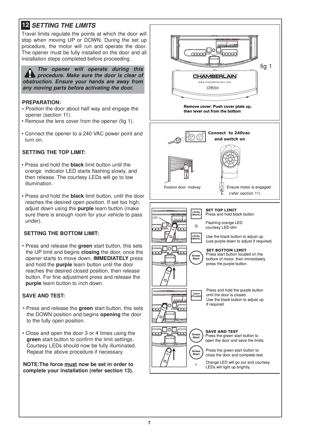 Chamberlain CR550 operating instructions Preparati on, SE Tting the Bottom LIM IT, SAV E and TE ST 