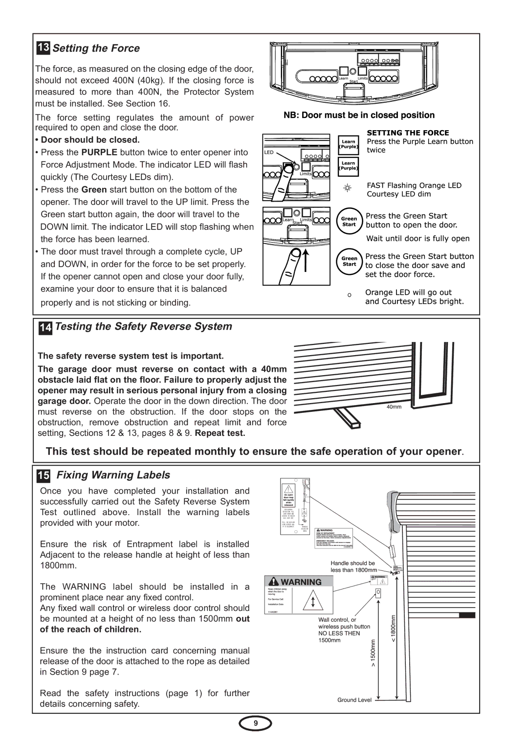 Chamberlain HE60R manual Setting the Force, Testing the Safety Reverse System, Fixing Warning Labels, Door should be closed 