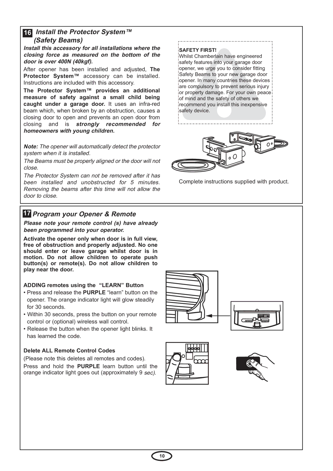 Chamberlain HE60R Install the Protector System Safety Beams, Program your Opener & Remote, Delete ALL Remote Control Codes 