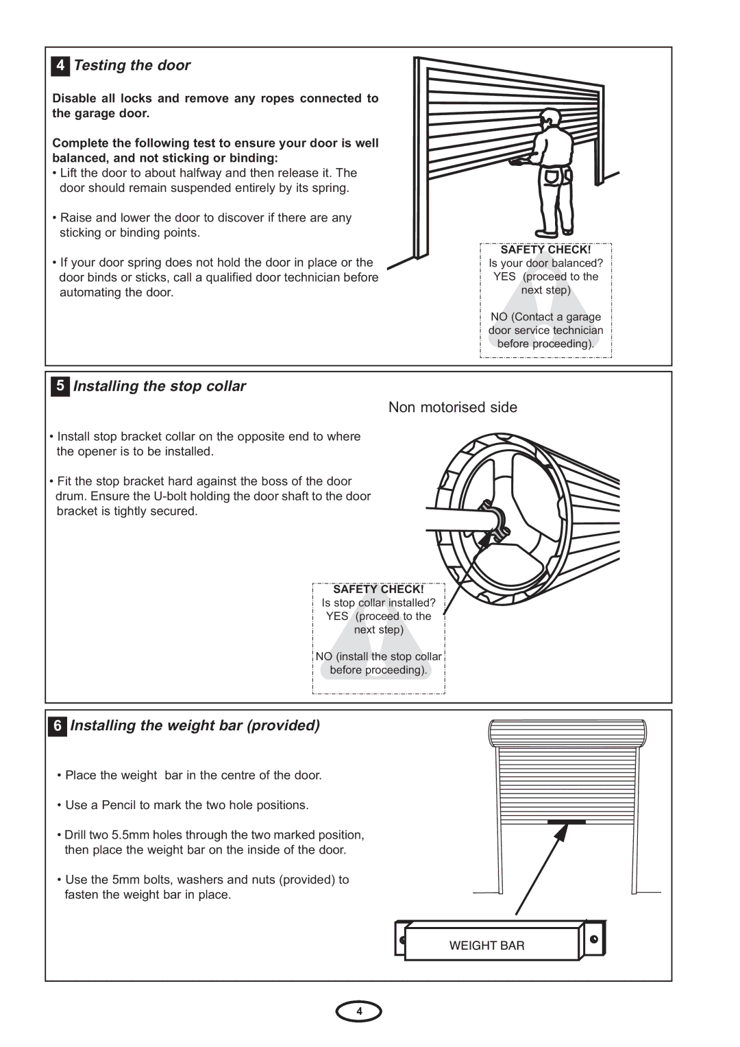 Chamberlain HE60R manual Testing the door, Installing the stop collar, Installing the weight bar provided 