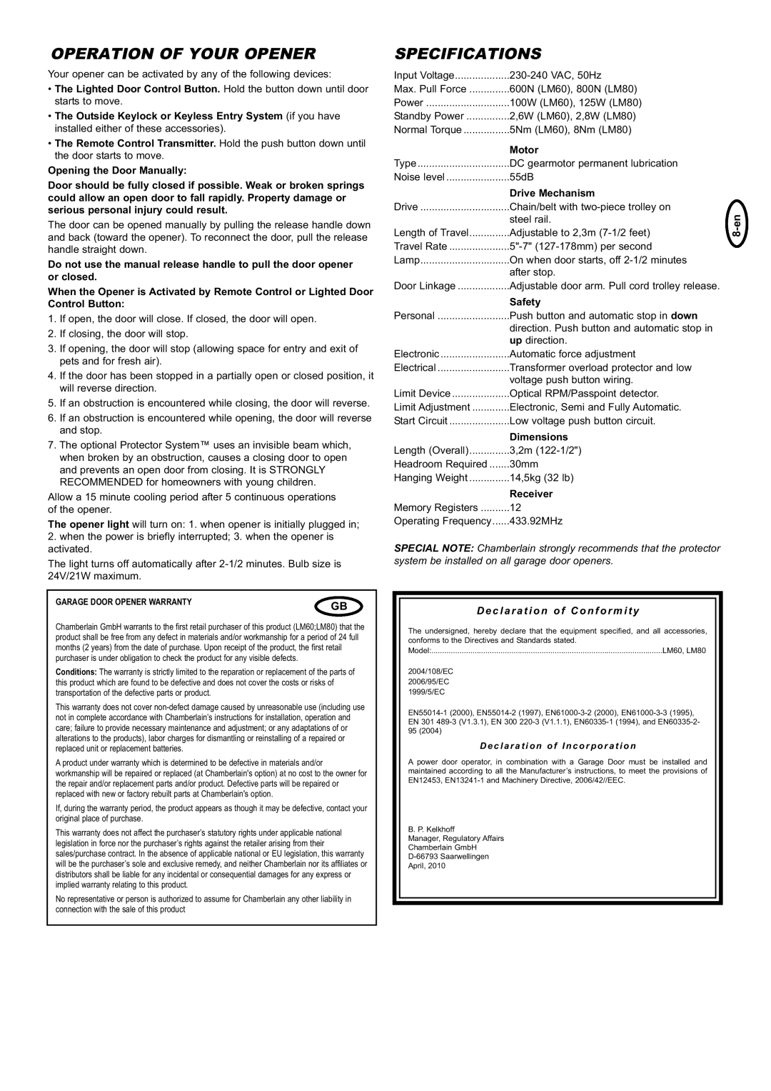 Chamberlain LM80XXGB, LM60XX manual Operation of Your Opener, Specifications, Declaration of Conformity 