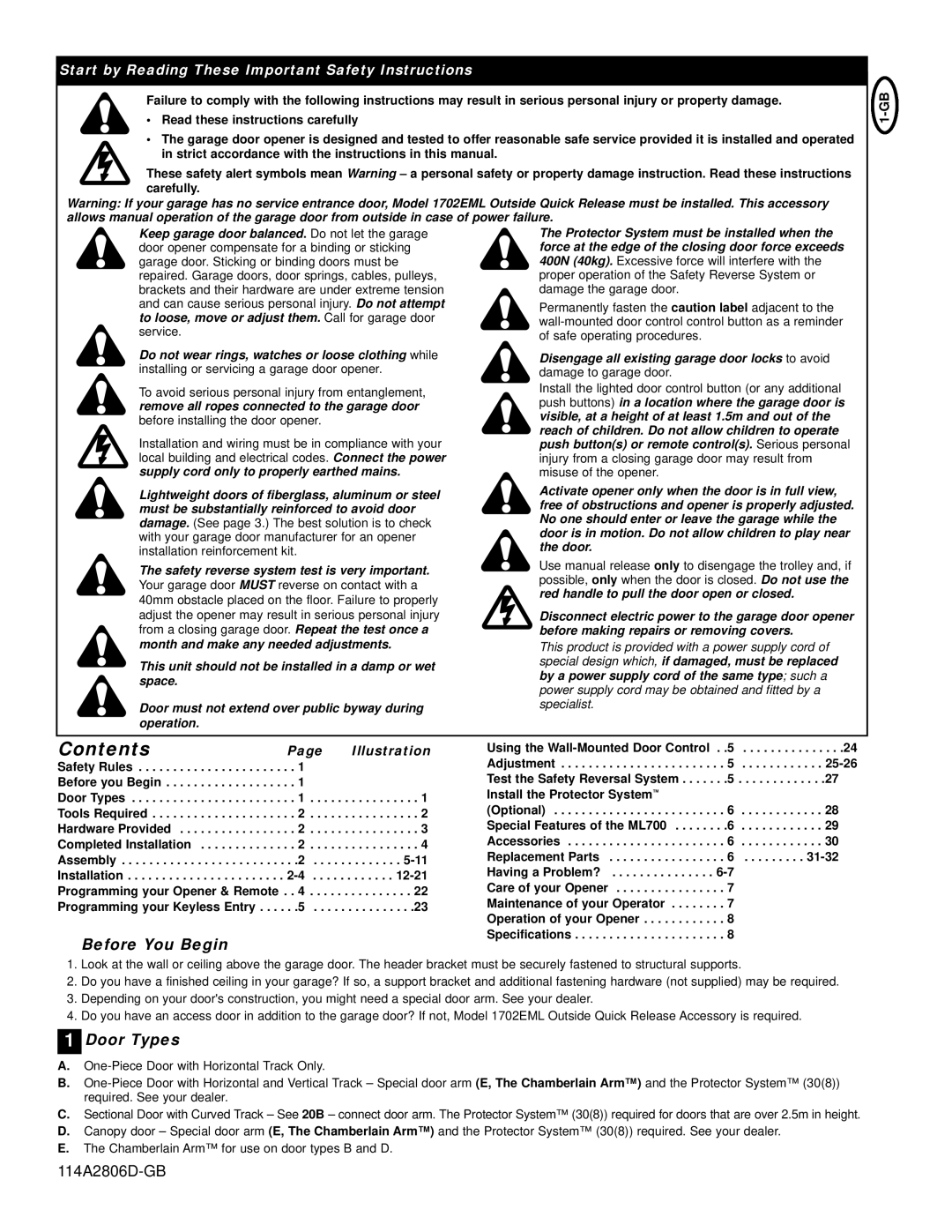 Chamberlain ML700 manual Contents 