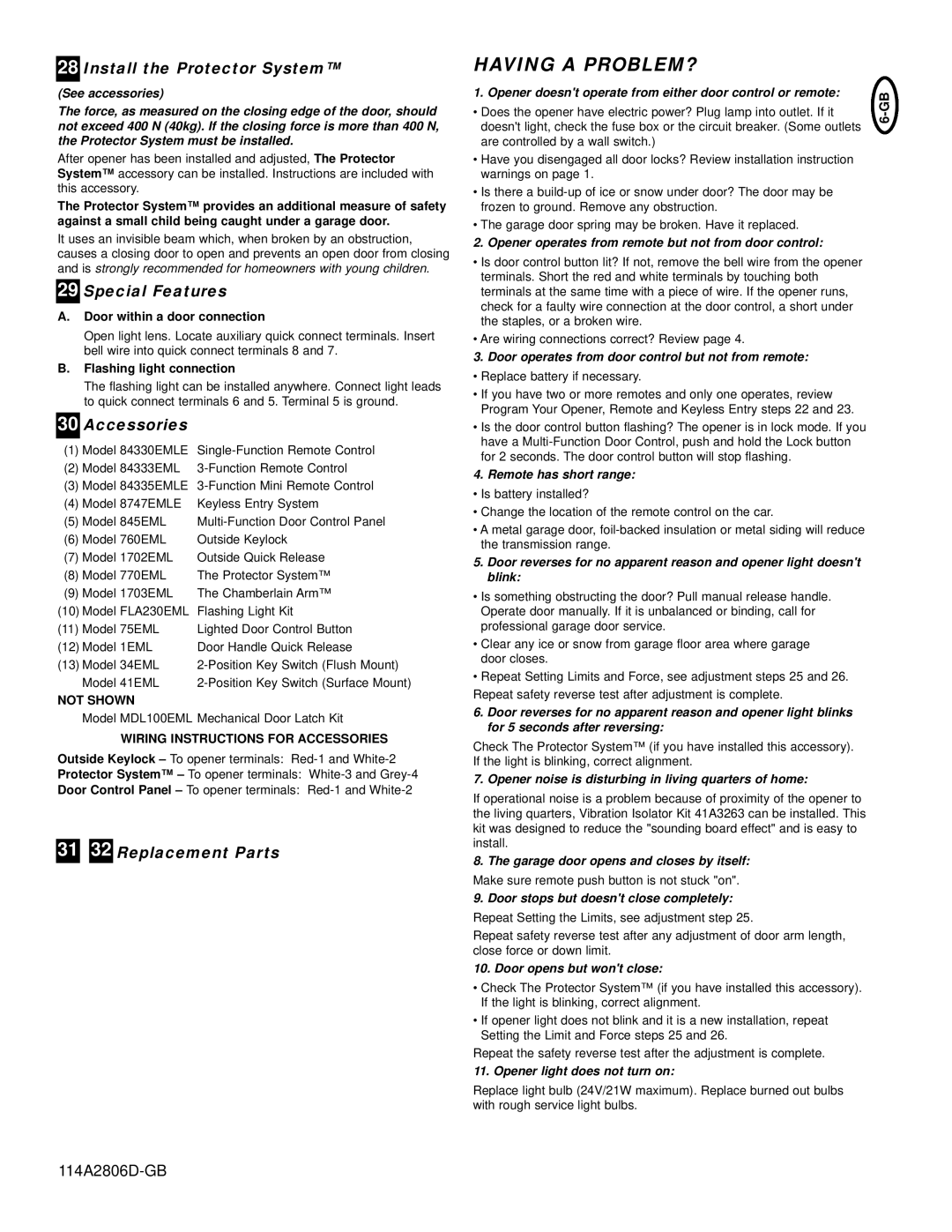 Chamberlain ML700 Having a PROBLEM?, Install the Protector System, Special Features, Accessories, 31 32 Replacement Parts 