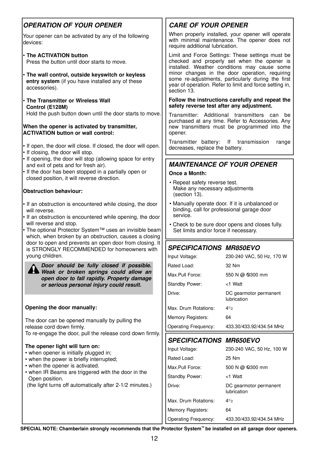 Chamberlain MR850EVO, MR650EVO operating instructions Operation of Your Opener, Maintenance of Your Opener 