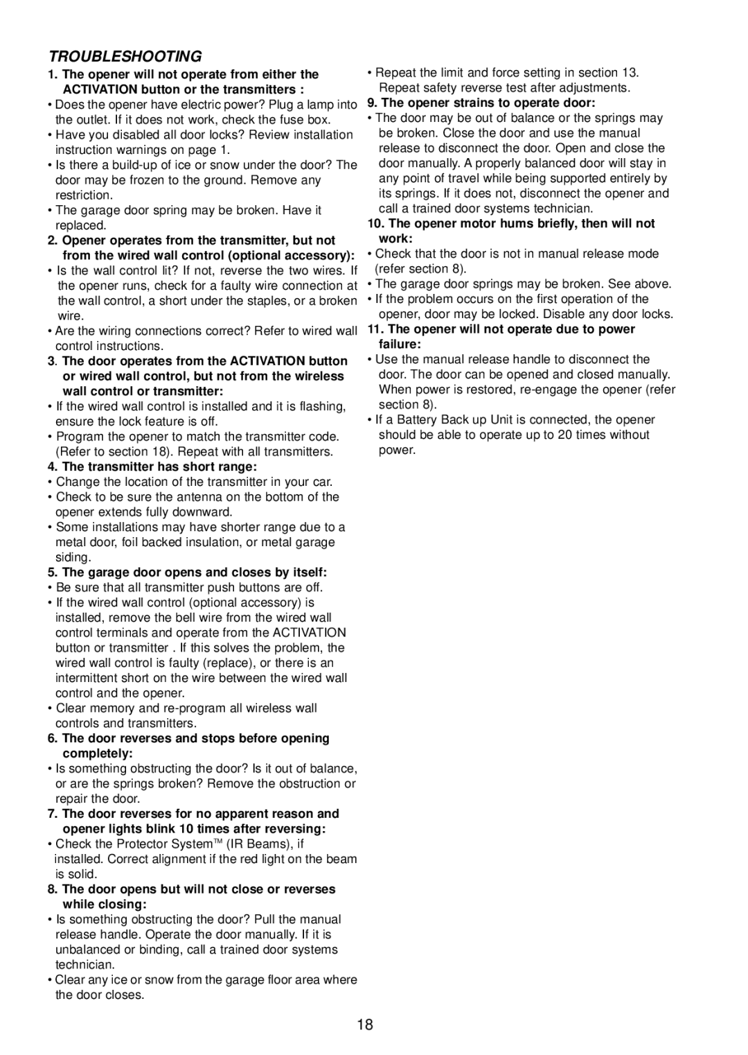 Chamberlain MR850EVO, MR650EVO operating instructions Troubleshooting 