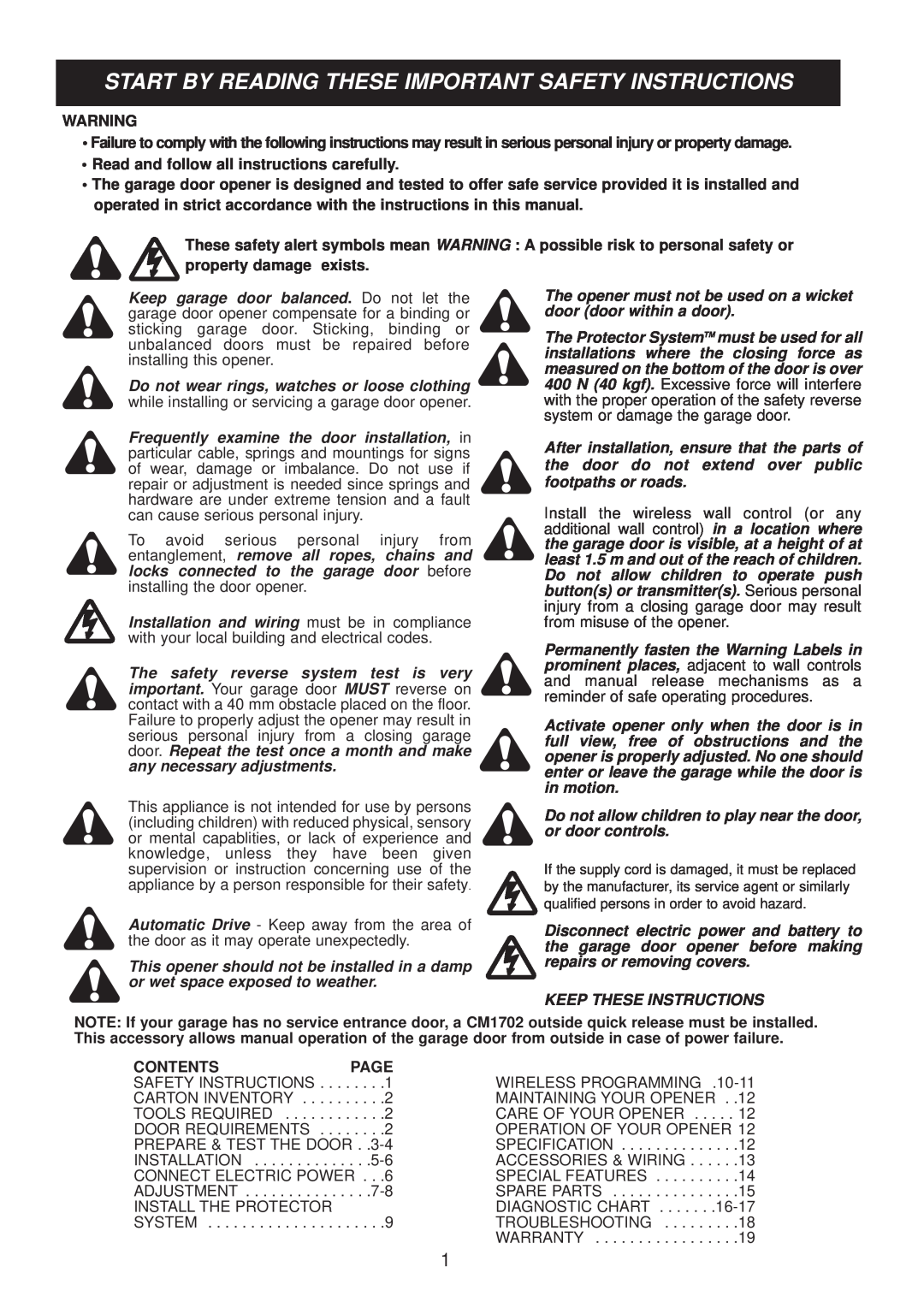 Chamberlain MR650EVO Start By Reading These Important Safety Instructions, Read and follow all instructions carefully 