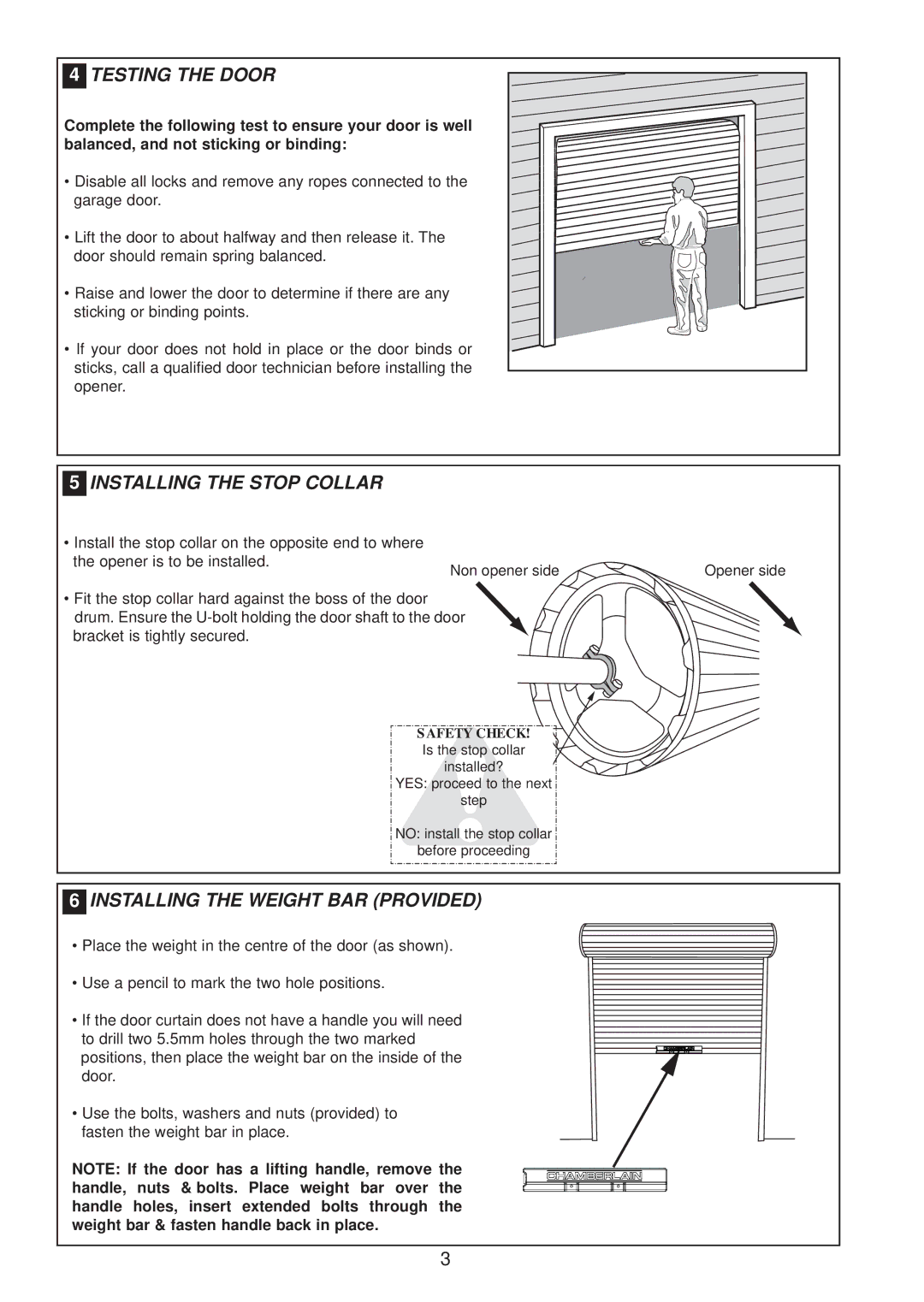 Chamberlain MR850, MR650 Testing TH E D OOR, INS TA LLI NG TH E Stop C OLL AR, Insta LL ING the W Eigh T B a R Provided 