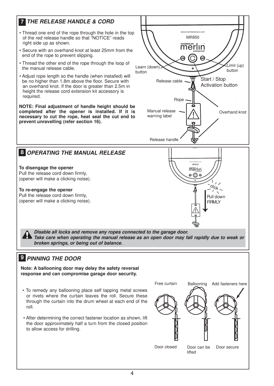 Chamberlain MR650, MR850 manual OPE RA TIN G TH E MAN U a L REL EA SE, PIN N in G TH E Door, Thegarage Door 