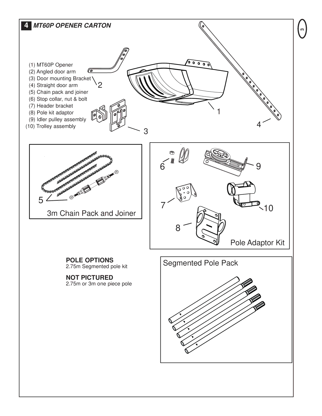 Chamberlain manual Not Pictured, MT60P Opener Carton 