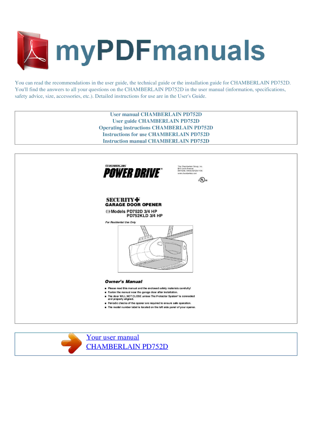 Chamberlain user manual Chamberlain PD752D 