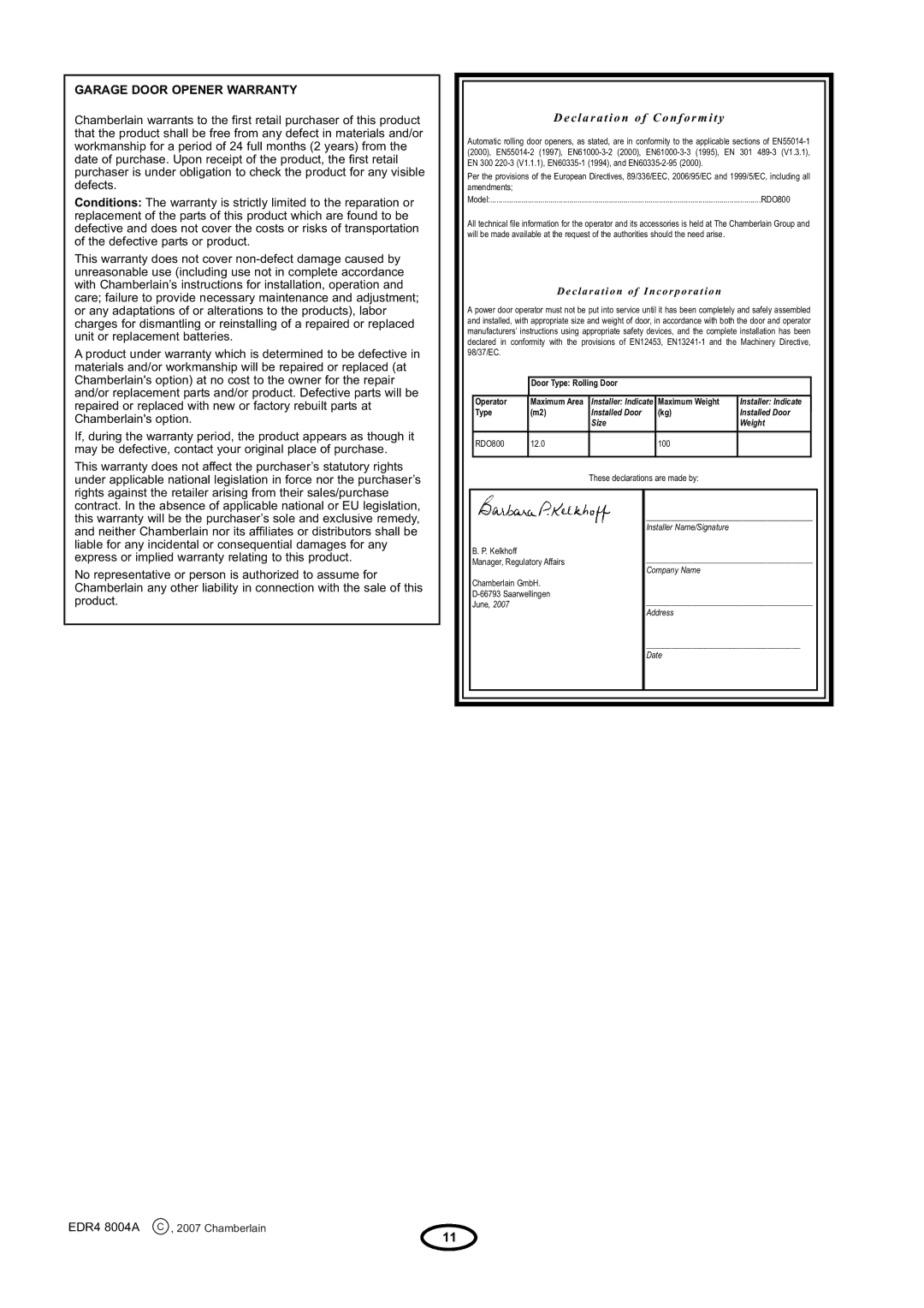 Chamberlain RDO800 manual Garage Door Opener Warranty 