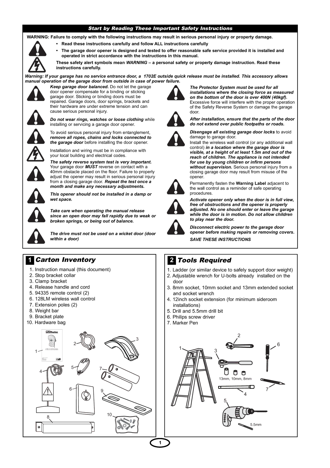 Chamberlain RDO800 manual Carton Inventory, Tools Required 