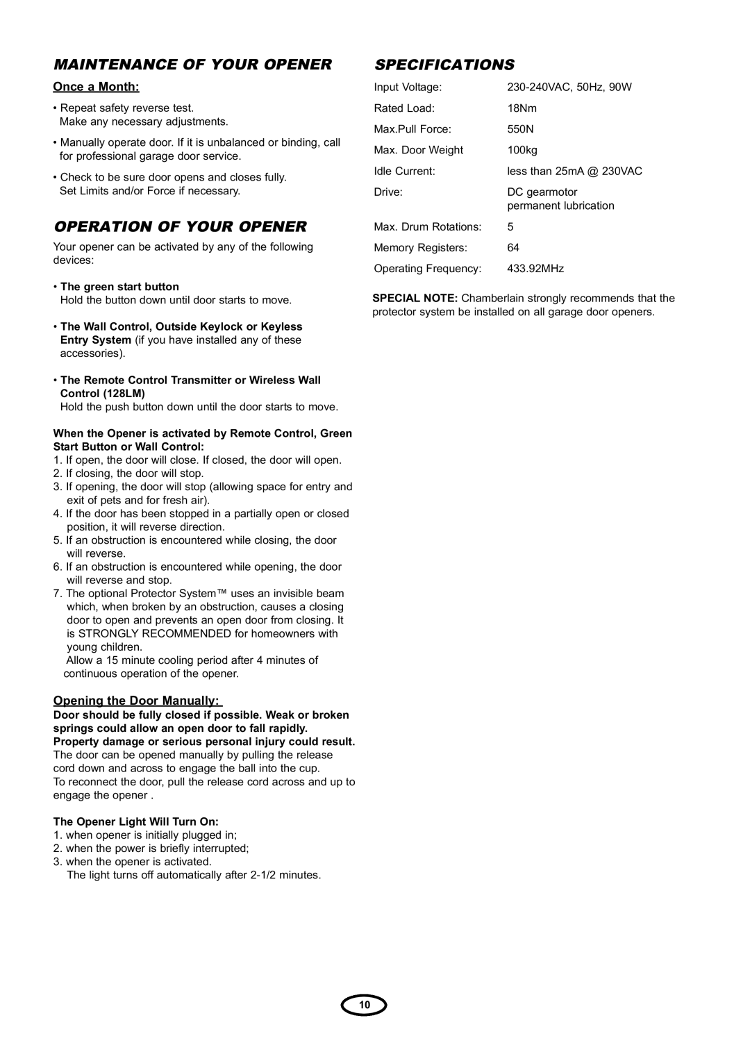 Chamberlain RDO800 manual Maintenance of Your Opener 