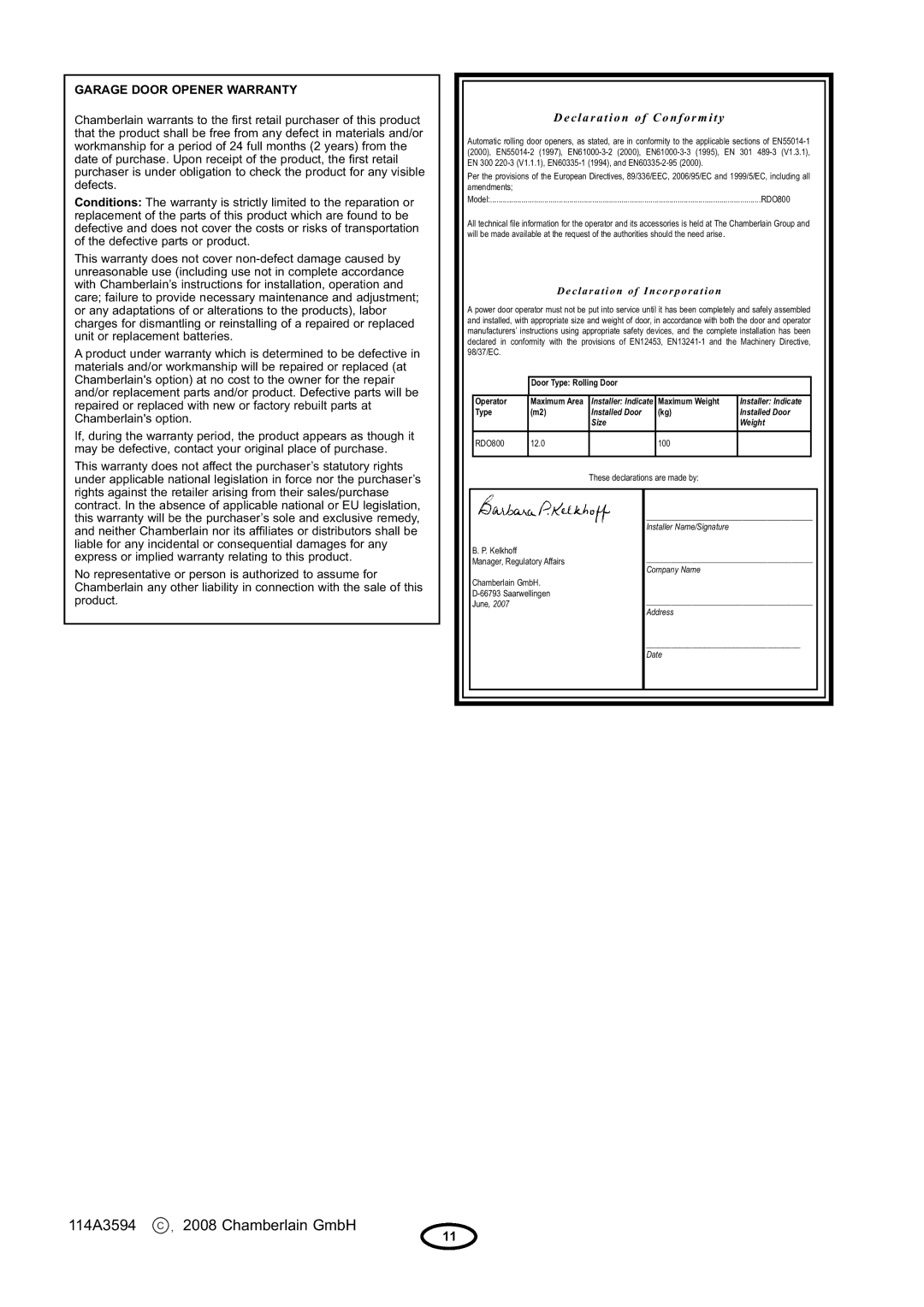 Chamberlain RDO800 manual 114A3594 C , 2008 Chamberlain GmbH 