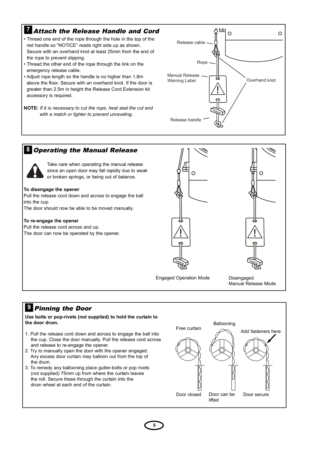 Chamberlain RDO800 manual Attach the Release Handle and Cord, Operating the Manual Release, Pinning the Door 