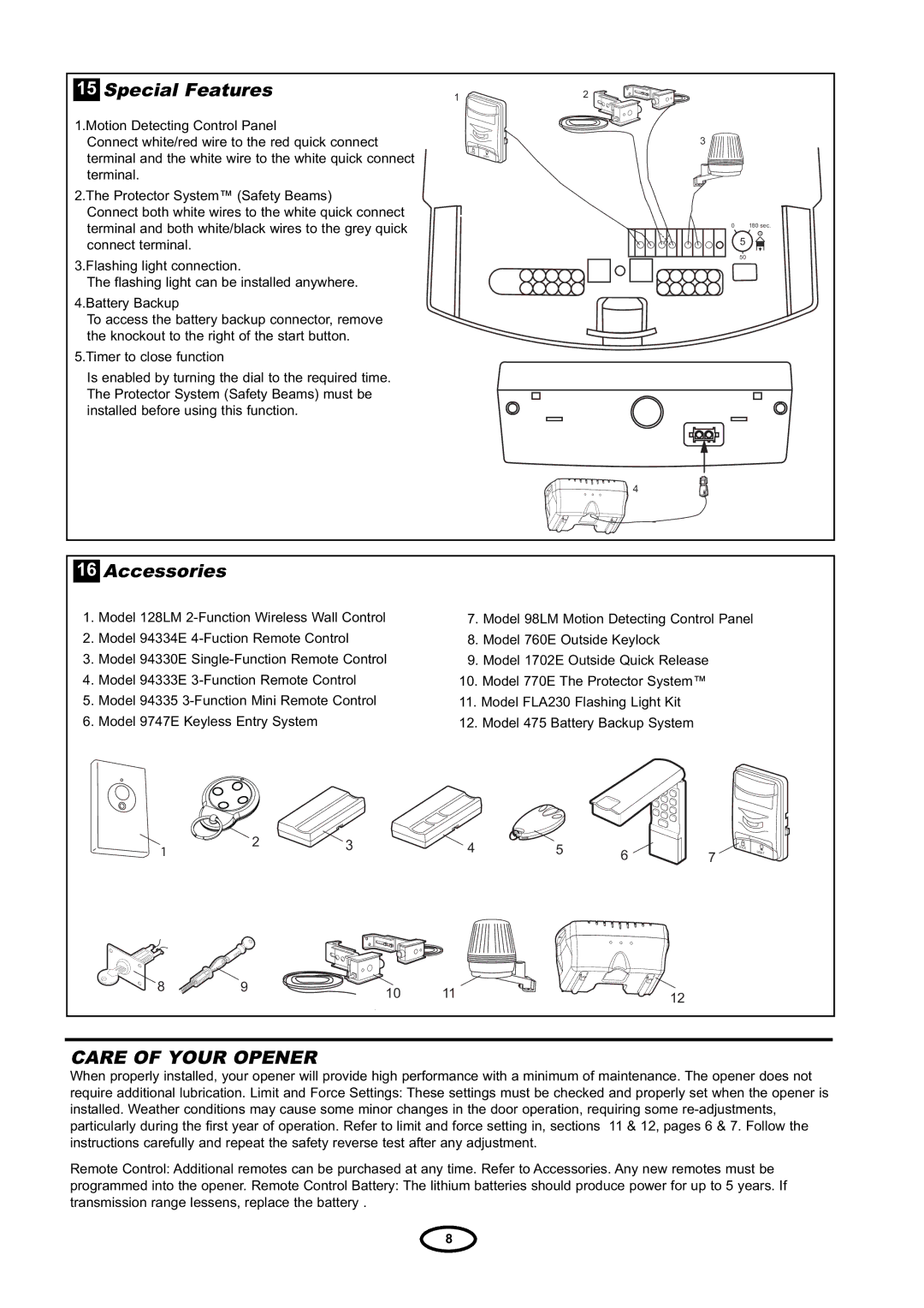 Chamberlain RDO800 manual Special Features, Accessories 