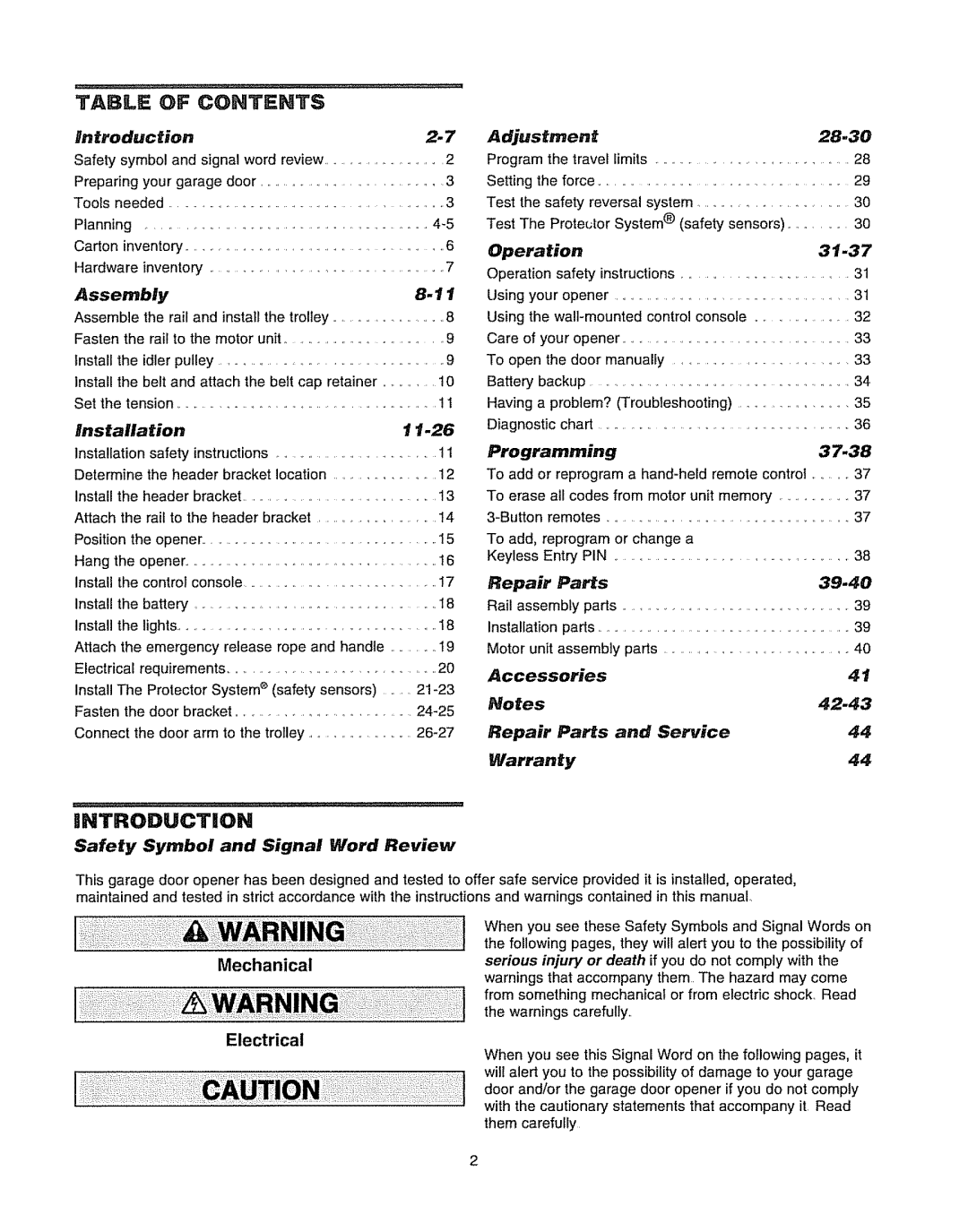 Chamberlain WD962KD, WD962KLD Adjustment 28.30, Operation, Programming 37.38, 39.40, Accessories, Repair, Service Warranty 