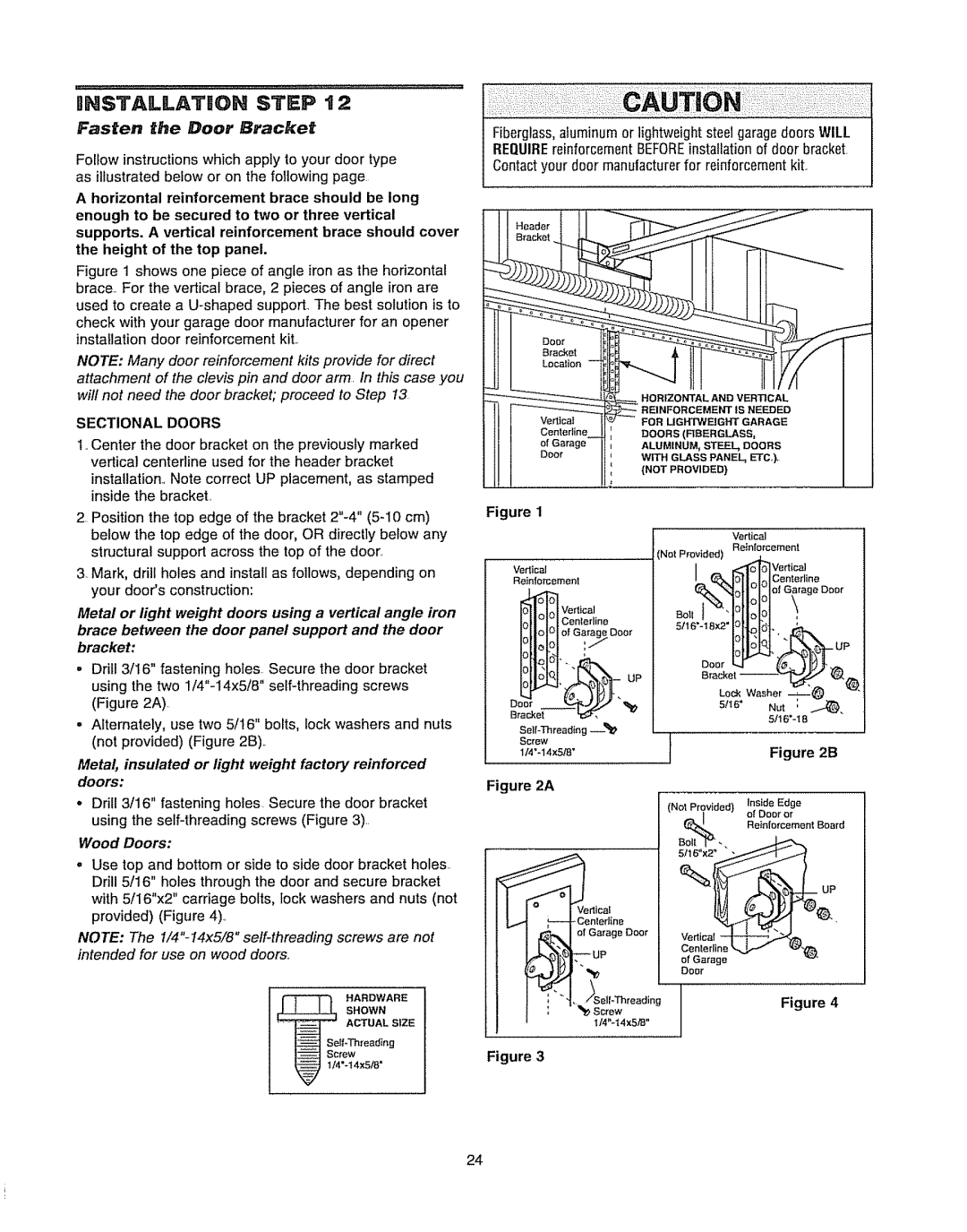 Chamberlain WD962KD, WD962KLD owner manual Bnstallation Step t, Fasten he Door Bracket, Sectional Doors, Wood Doors 