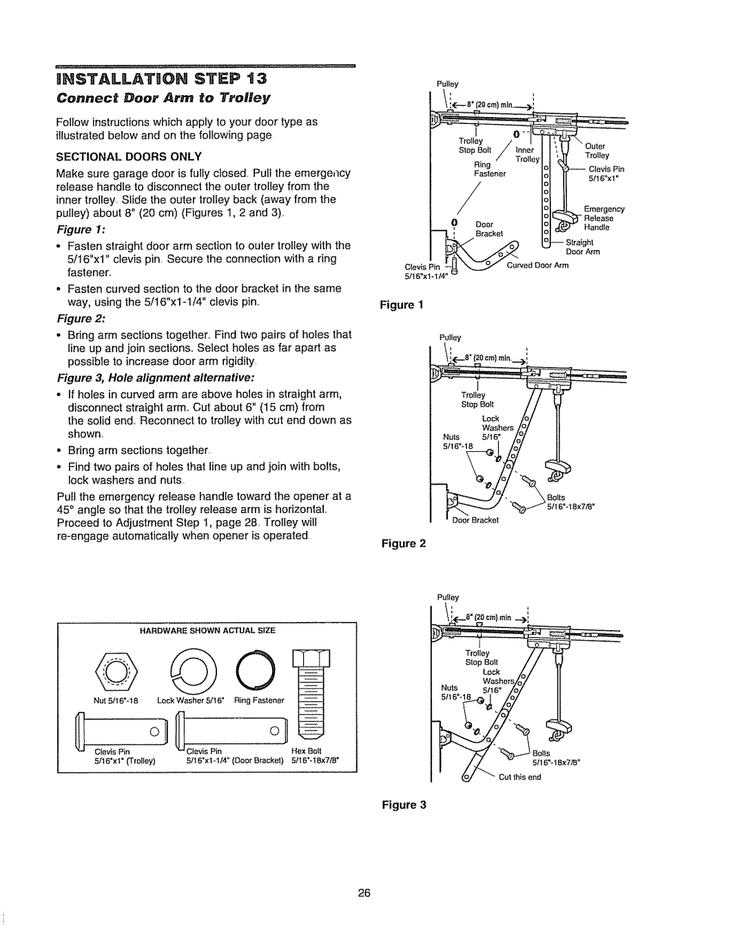 Chamberlain WD962KD, WD962KLD owner manual UNSTALLATmN Step, Connect Door Arm to Trolley, Sectional Doors only 