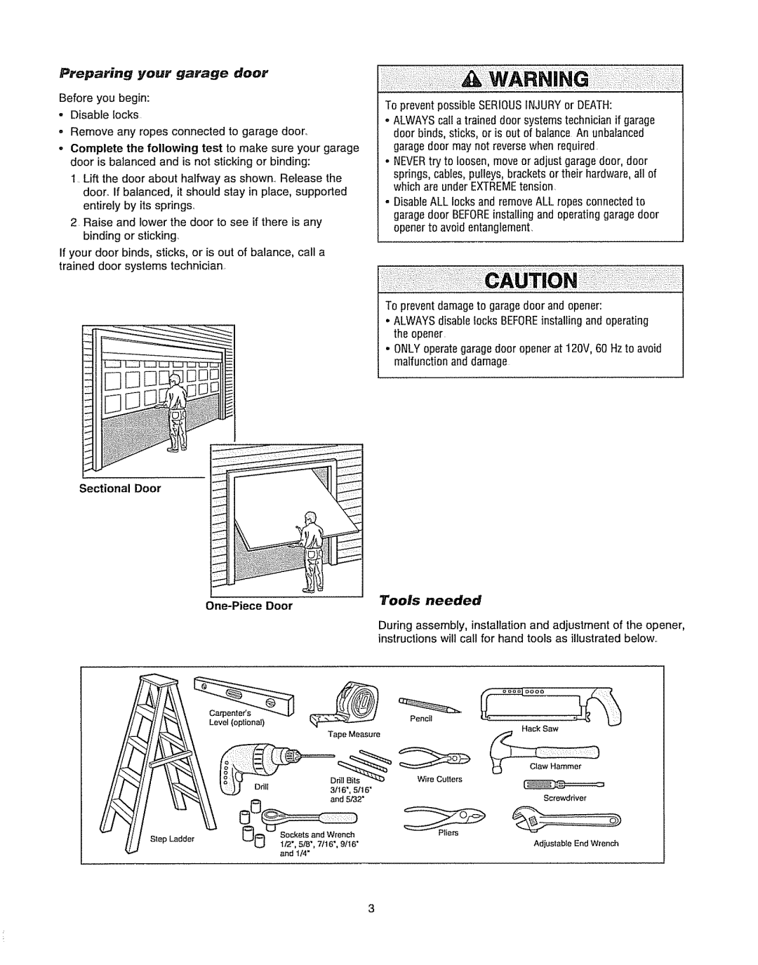 Chamberlain WD962KLD Preparing your garage door, Sectional Door, One-Piece Door To preventpossibleSERIOUSINJURYor Death 