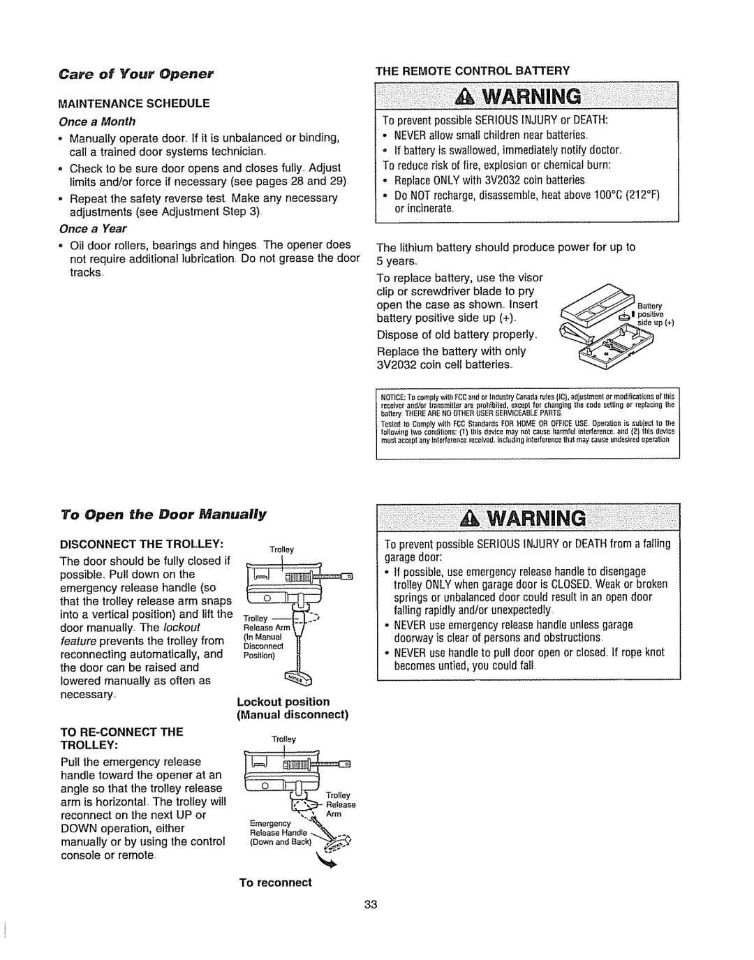 Chamberlain WD962KLD, WD962KD owner manual Care Of Your Opener, Maintenance Schedule, Once a Month, Remote Control Battery 