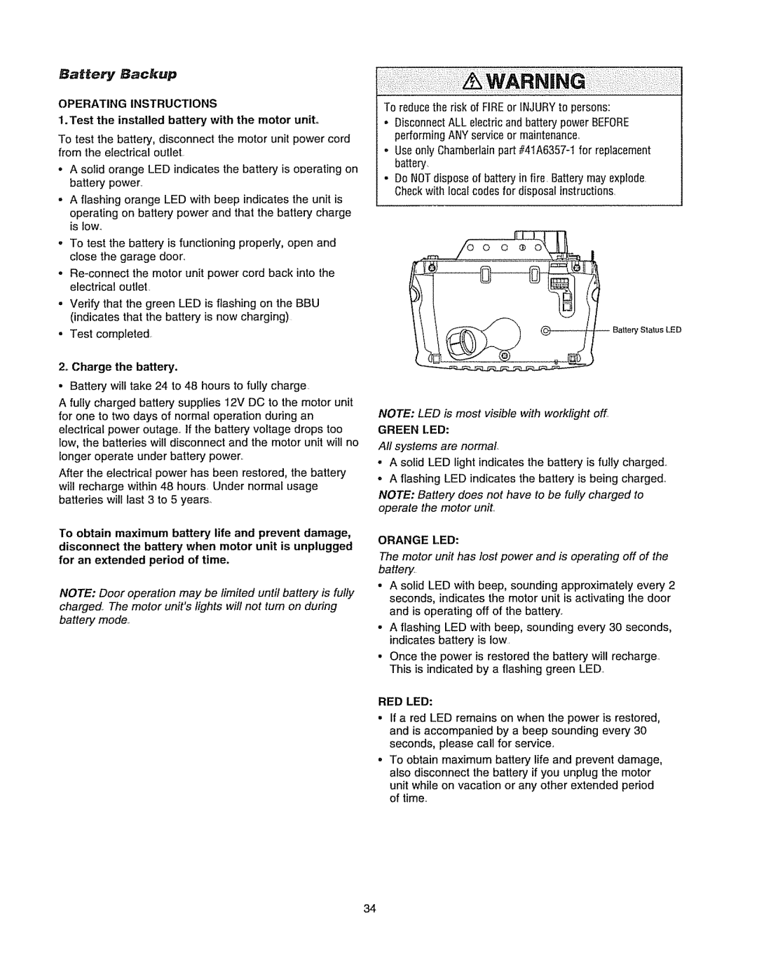 Chamberlain WD962KD, WD962KLD owner manual Battery Backup, Operating Instructions, Orange LED, Green LED, Red Led 