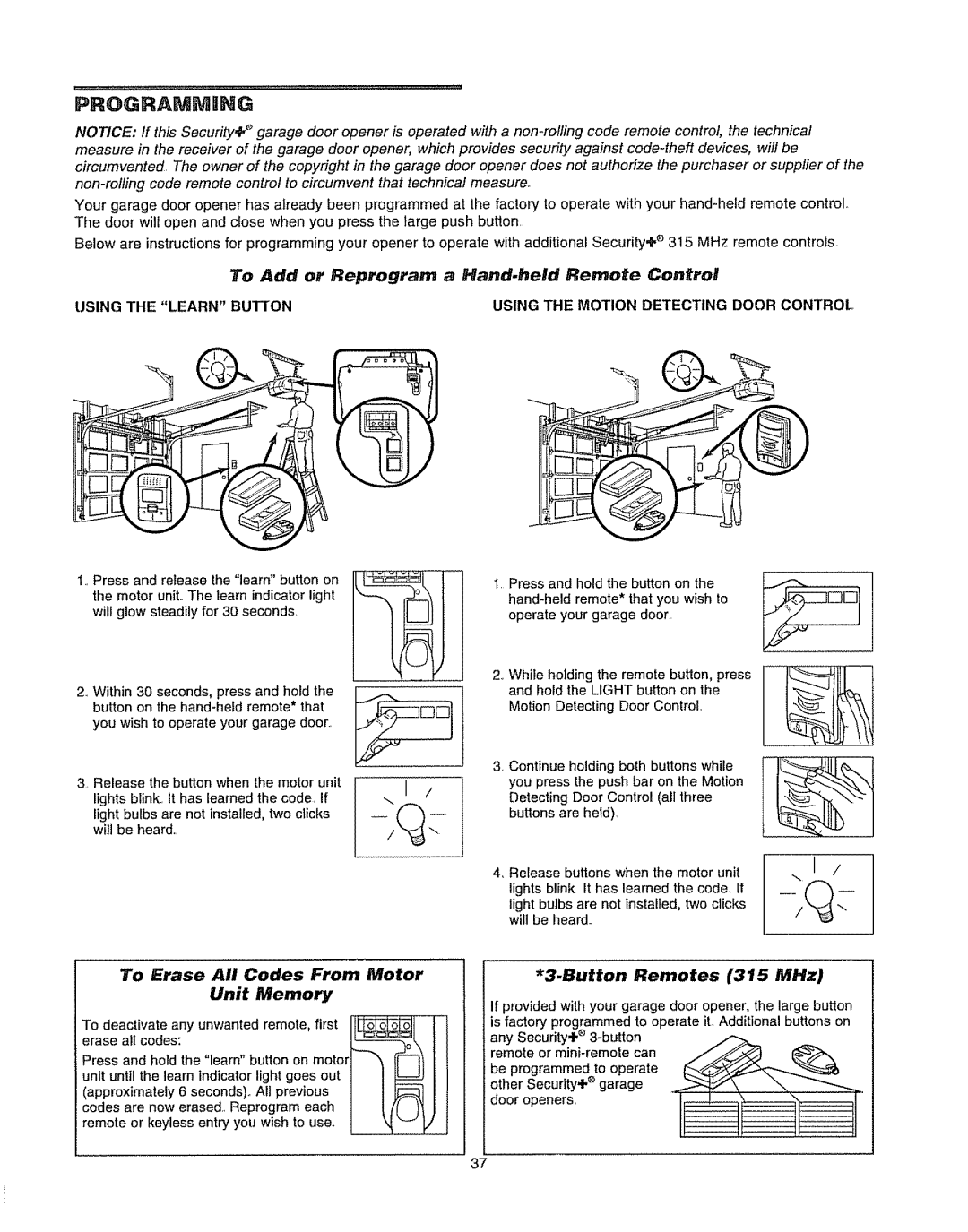 Chamberlain WD962KLD To Add or Reprogram a Hand.held Remote Control, Erase All Codes From Motor Unit Memory, Button 