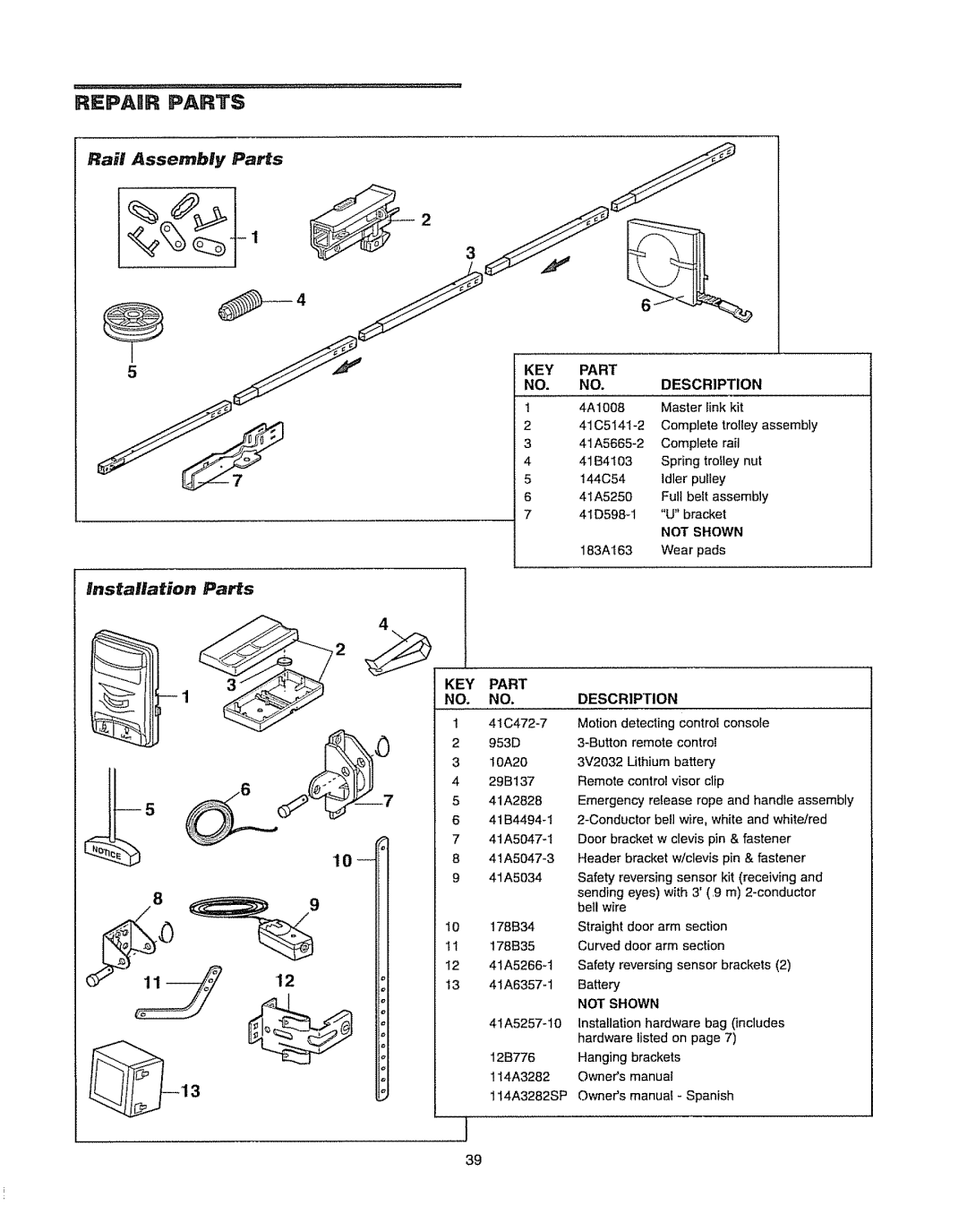 Chamberlain WD962KLD, WD962KD owner manual Installation Paris, KEY Part, Description 