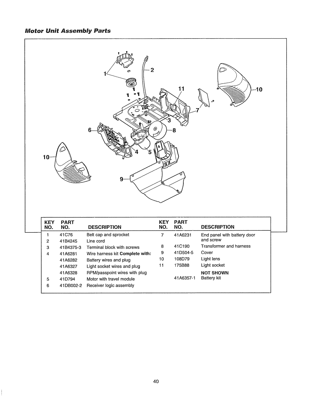 Chamberlain WD962KD, WD962KLD owner manual Motor Unit Assembly Parts, KEY Part NO. no, KEY Part Description 