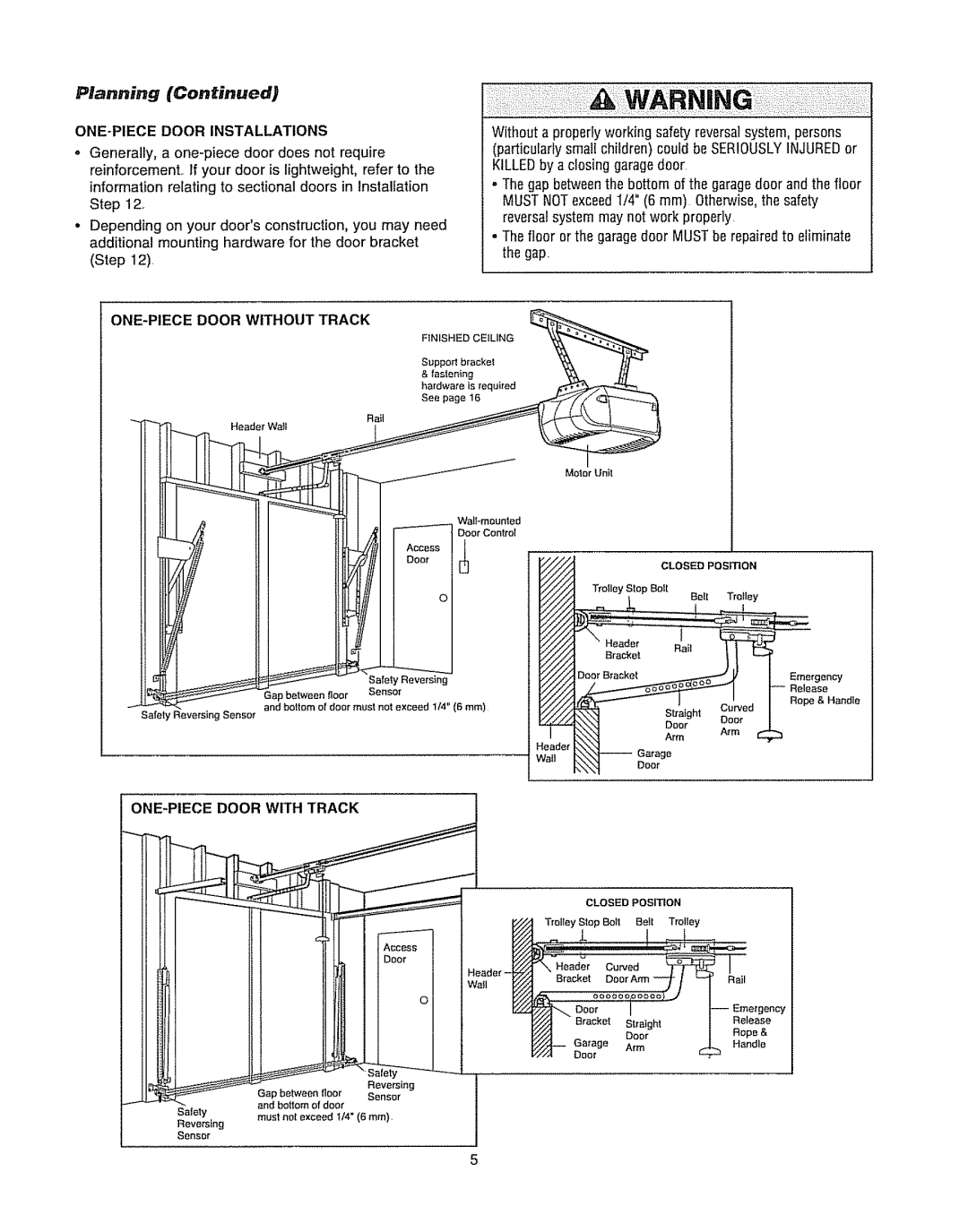 Chamberlain WD962KLD, WD962KD owner manual ONE-PIECEDOOR Installations, ONE-PIECEDOOR with Track 