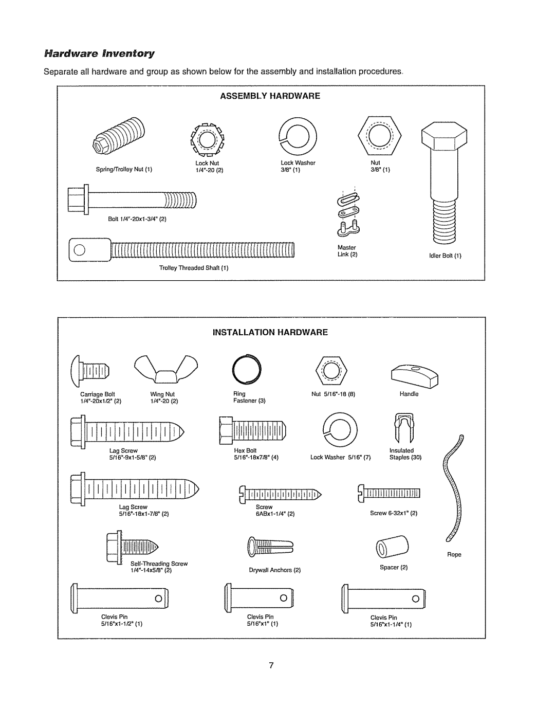 Chamberlain WD962KLD, WD962KD owner manual Assembly Hardware, Installation Hardware 