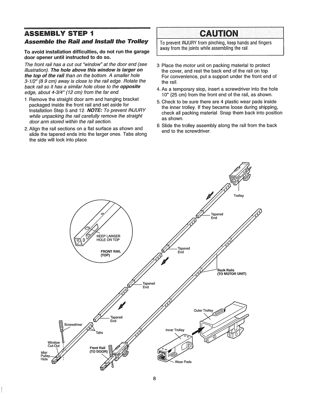 Chamberlain WD962KD, WD962KLD owner manual Assembly Step t, Assemble the Rail and Install the Trolley 