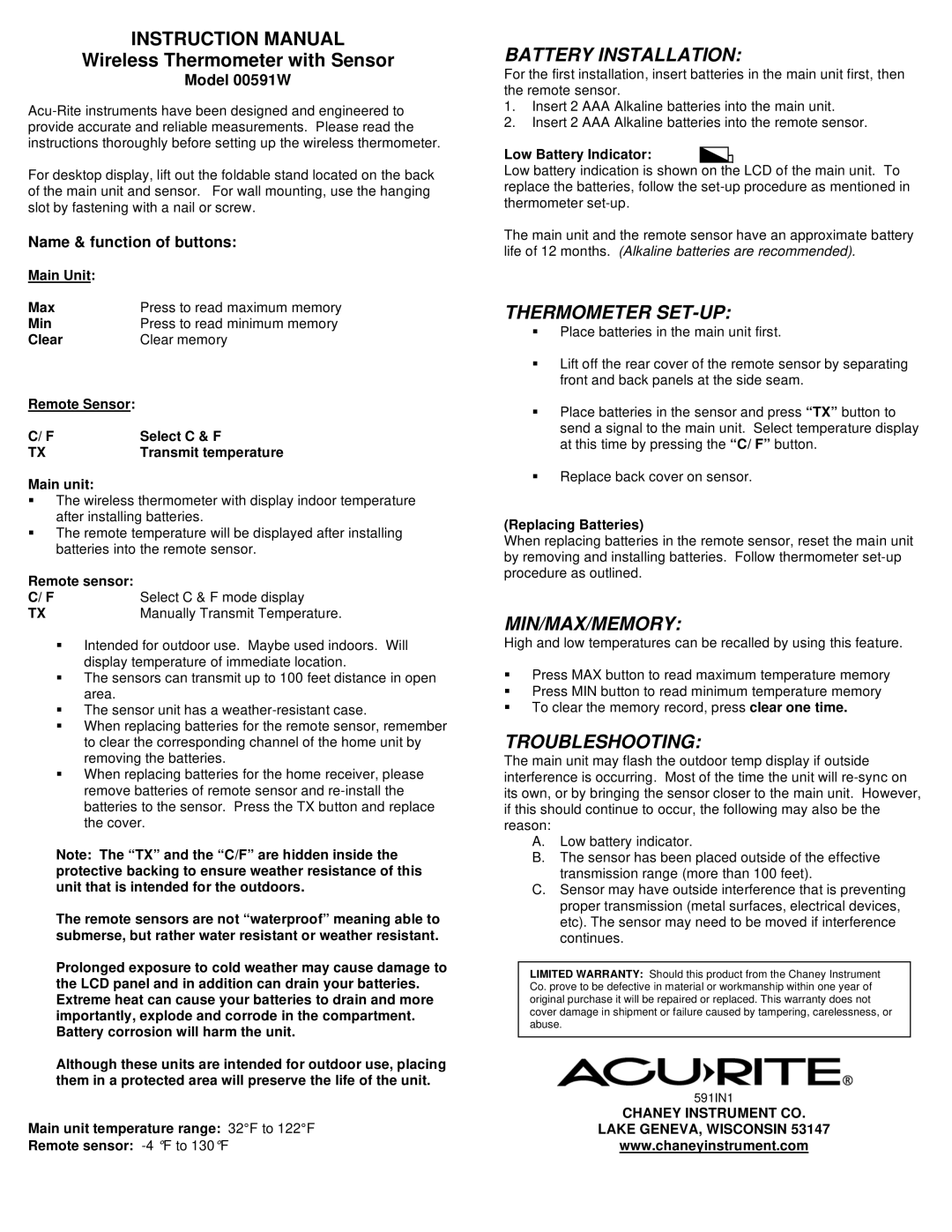 Chaney Instrument 00591W instruction manual Battery Installation, Thermometer SET-UP, Min/Max/Memory, Troubleshooting 