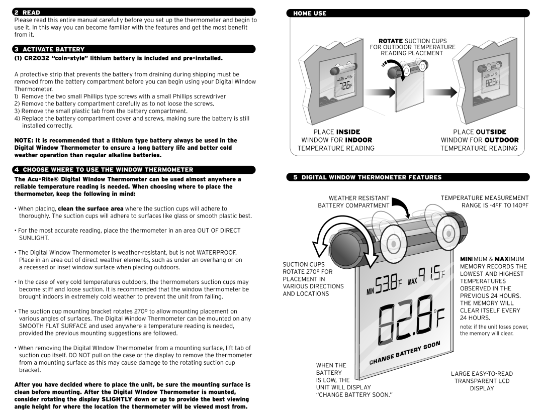 Chaney Instrument 00603 instruction manual Read, Activate Battery, Choose Where to USE the Window Thermometer, Home USE 